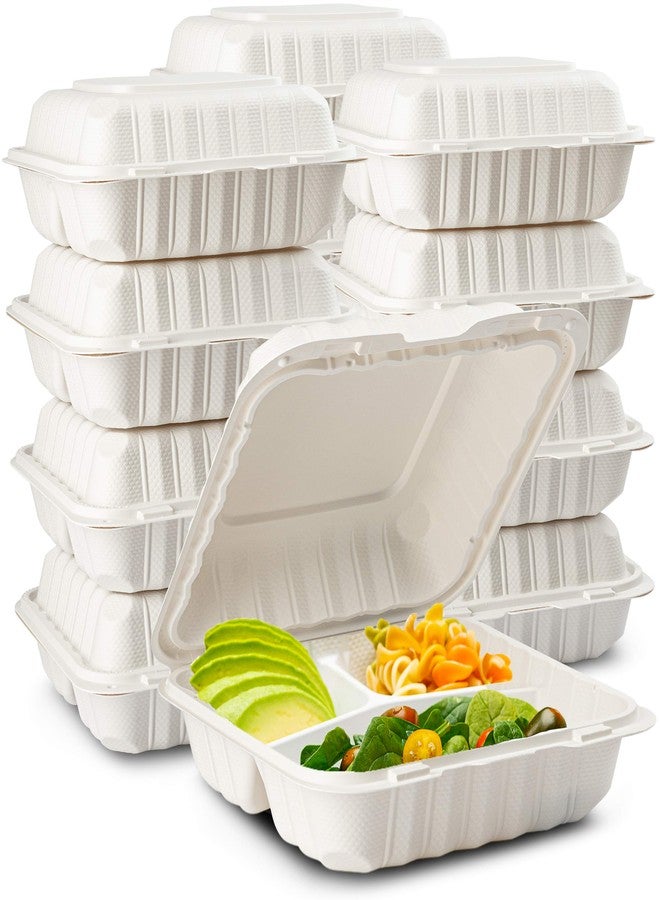 Stack Man Eco-Friendly Meal Prep Containers 3 Compartment [50-Pack 8x8x3"] Disposable to go Clamshell Food Containers Secure Snap Hinged Lid, Microwave Safe Take Out Lunch Boxes, Made from Renewable Materials - Image 1